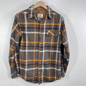 Legendary Whitetails Buck Camp Flannel Shirt Orange Gray Plaid Collar Mens Small